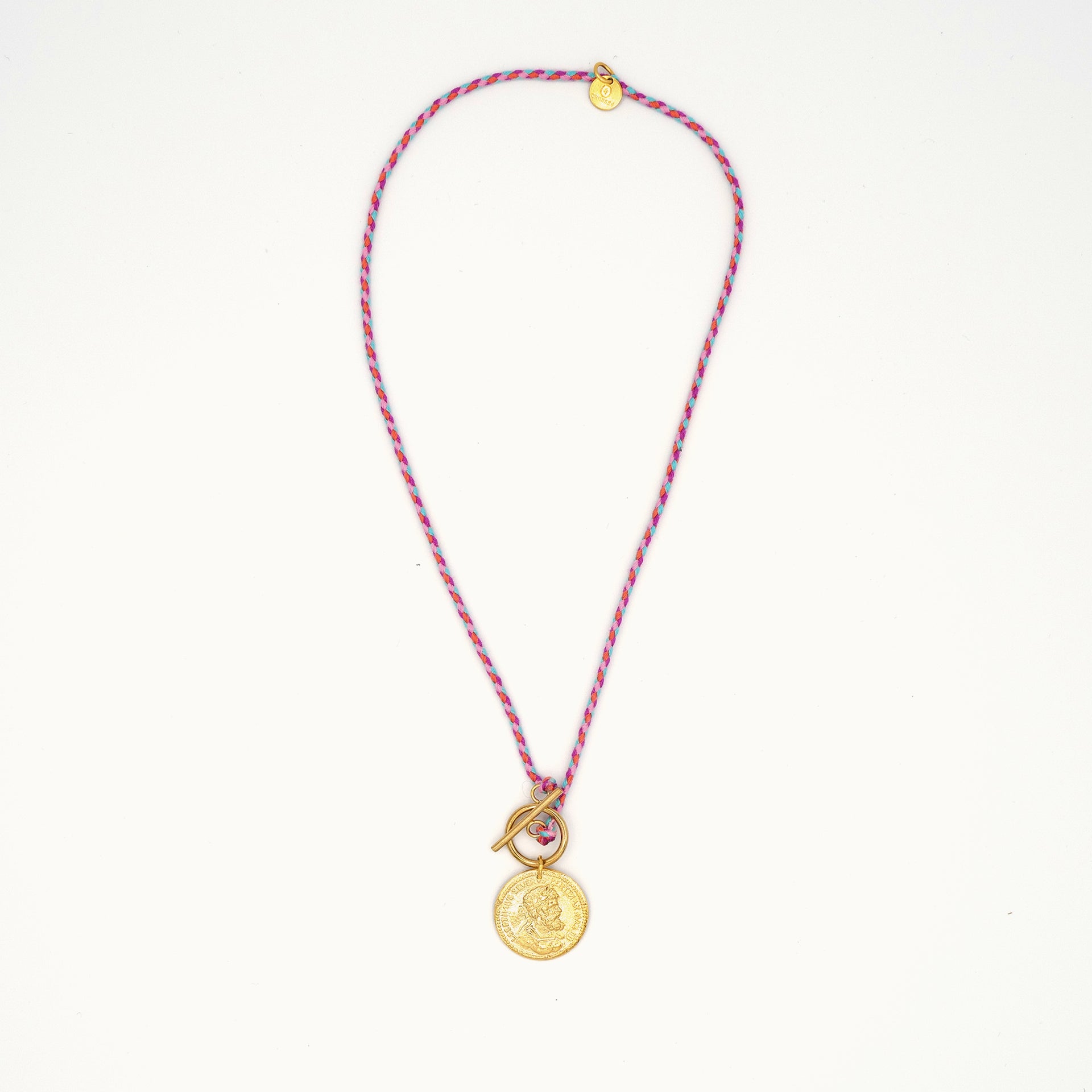Gold plated necklace with pink cordon by 4 crosses